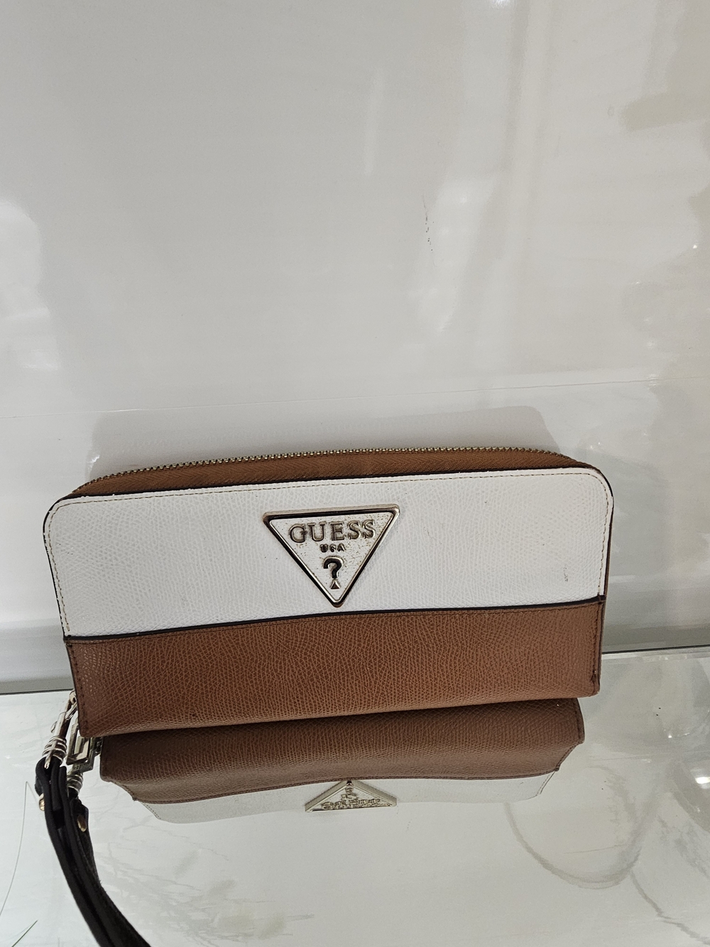 GUESS Tri-Color Zip Around Wallet - White & Brown